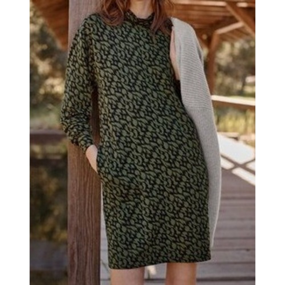 Garnet Hill‎ Zen Comfort Knit Mock Neck Dress Large Green Print Casual Earthy